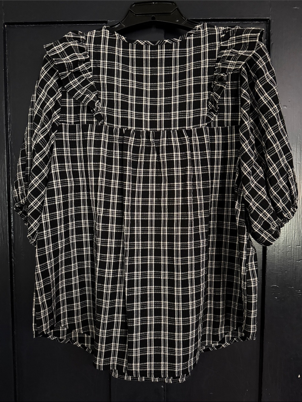 LOFT Black & White Plaid Ruffle Neck Peasant Top - Picture 4 of 4